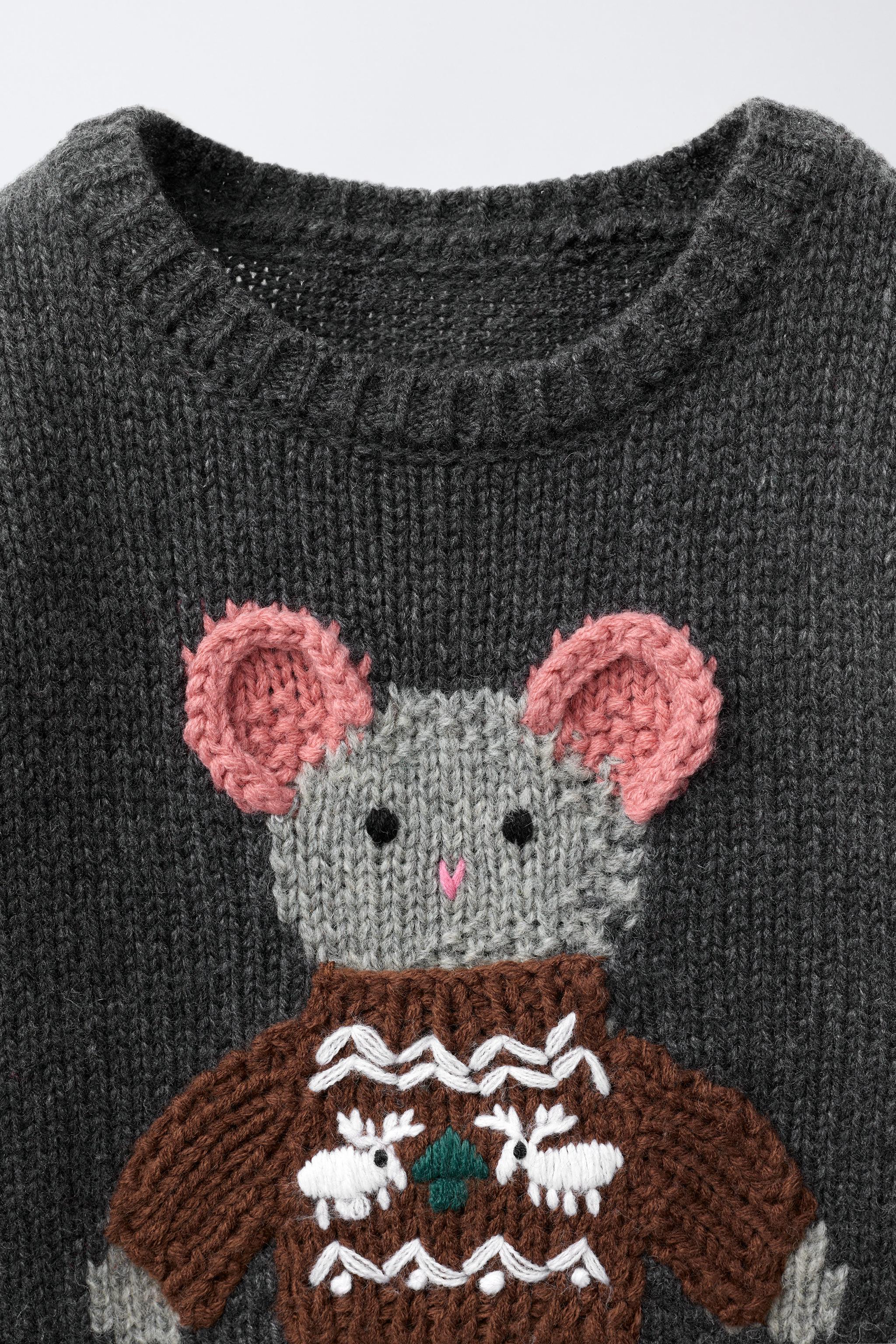 1-6 ANS/ PULL EN MAILLE AVEC LAINE BRODÉ LAPIN